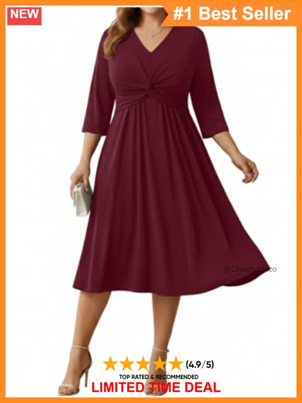 Plus Size Wedding Guest Dress V Neck 3/4 Sleeve A Line Midi Dress